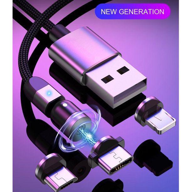 3in1 magnetic free rotation data cable type c/lightening/micro usb
