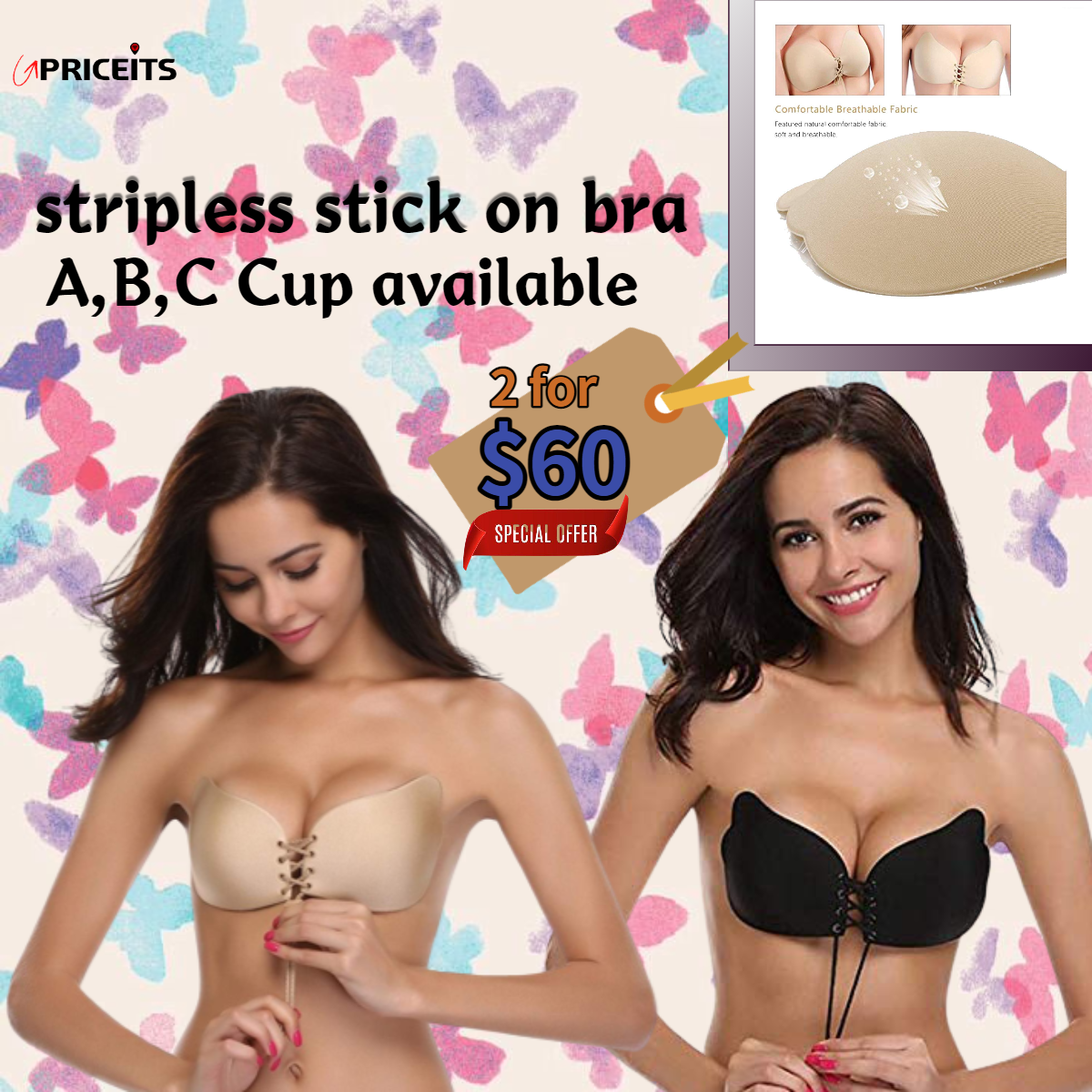 stripless stick on bra buy1 get 1 free #nude & black A-C